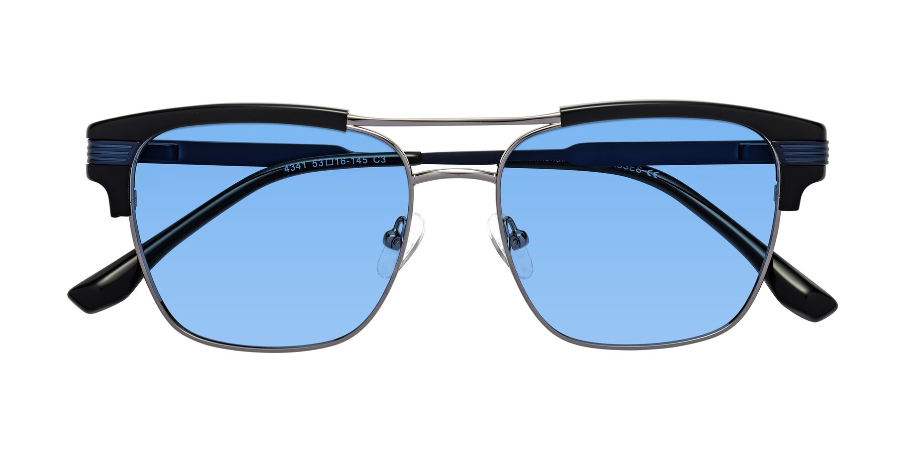 Folded Front of Millionaire in Black-Gunmetal with Medium Blue Tinted Lenses