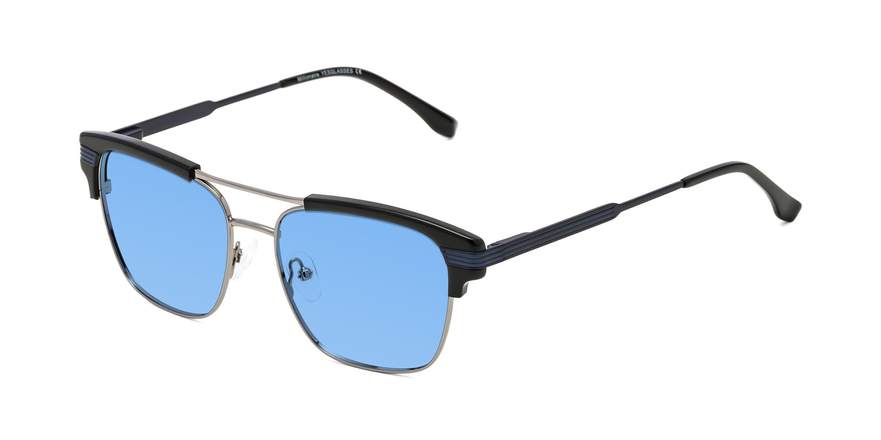 Angle of Millionaire in Black-Gunmetal with Medium Blue Tinted Lenses