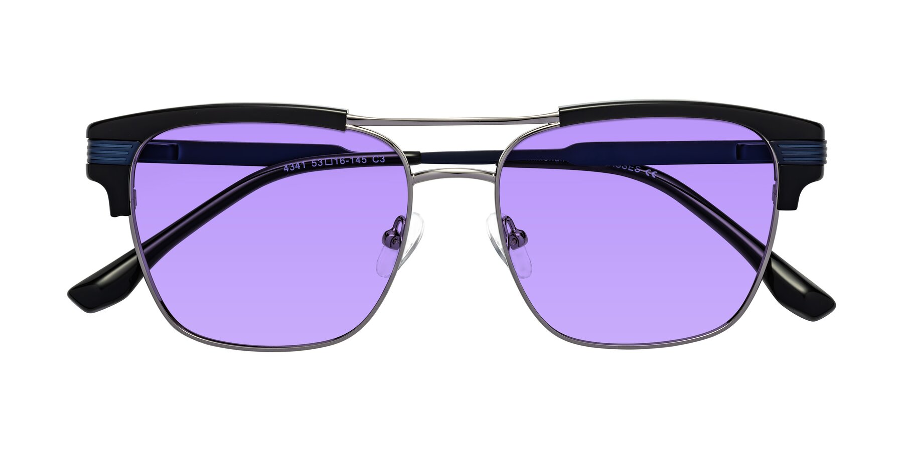 Folded Front of Millionaire in Black-Gunmetal with Medium Purple Tinted Lenses