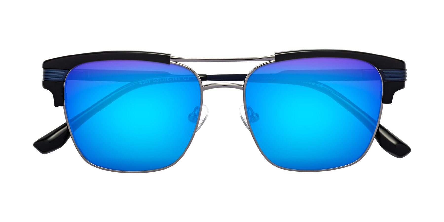 Folded Front of Millionaire in Black-Gunmetal with Blue Mirrored Lenses