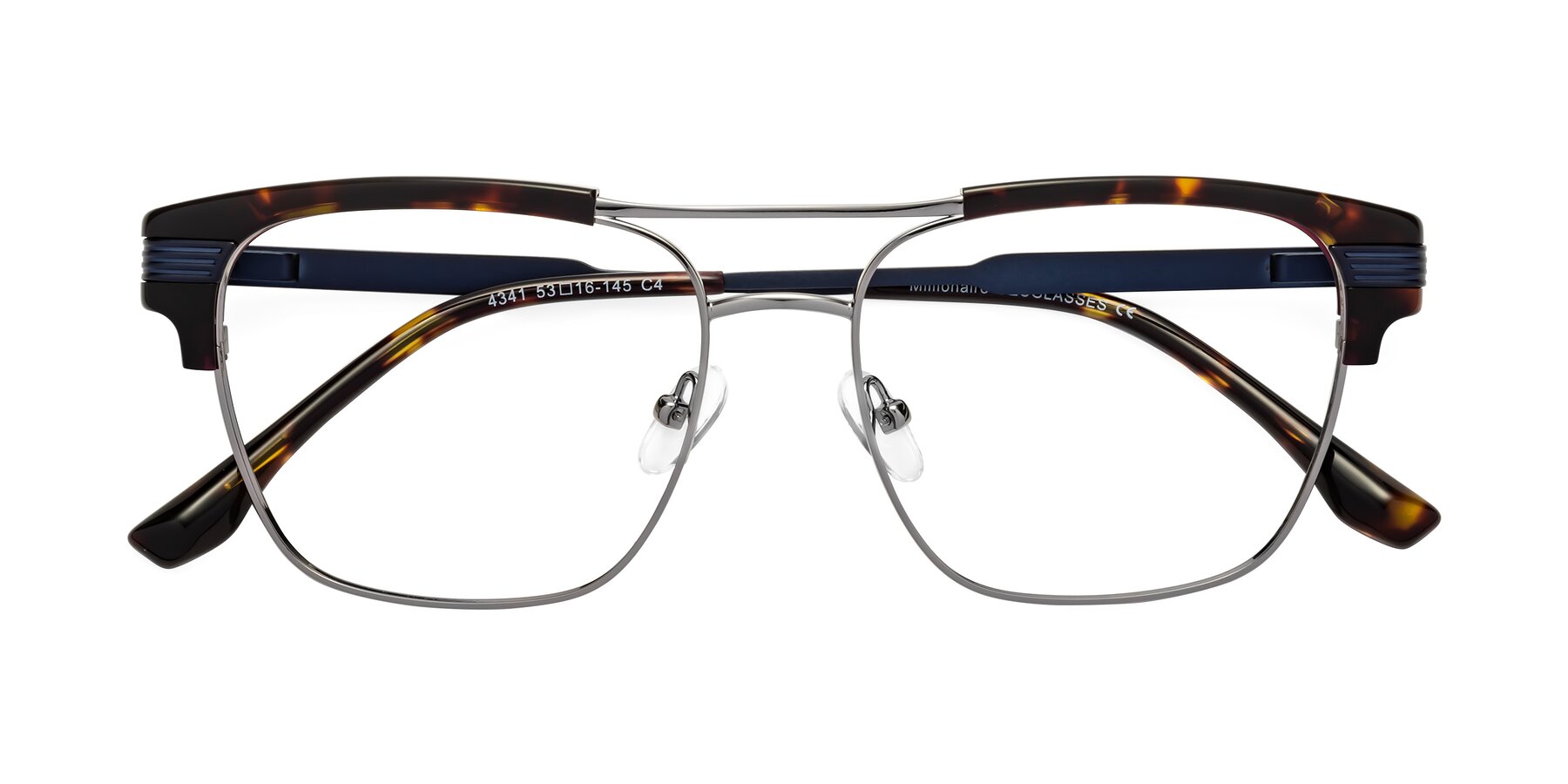 Folded Front of Millionaire in Tortoise-Gunmetal with Clear Reading Eyeglass Lenses