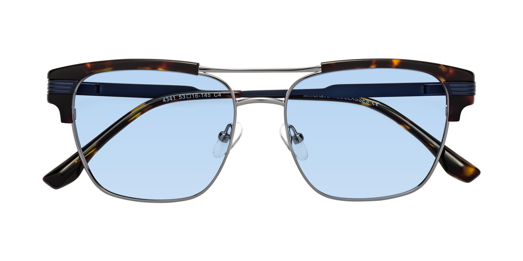 Folded Front of Millionaire in Tortoise-Gunmetal with Light Blue Tinted Lenses