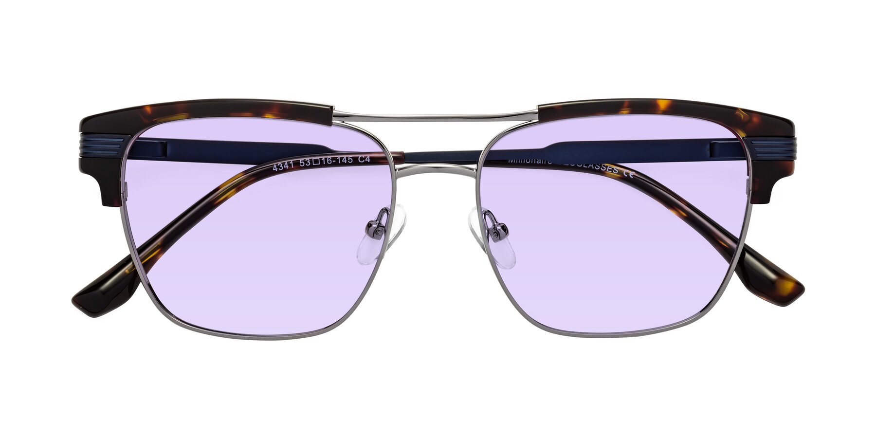 Folded Front of Millionaire in Tortoise-Gunmetal with Light Purple Tinted Lenses