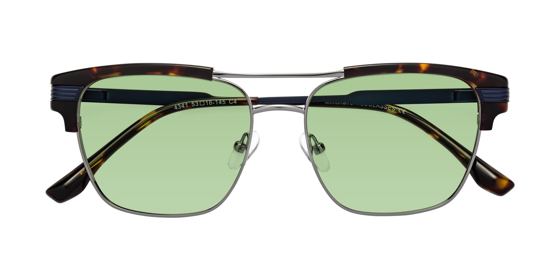 Folded Front of Millionaire in Tortoise-Gunmetal with Medium Green Tinted Lenses