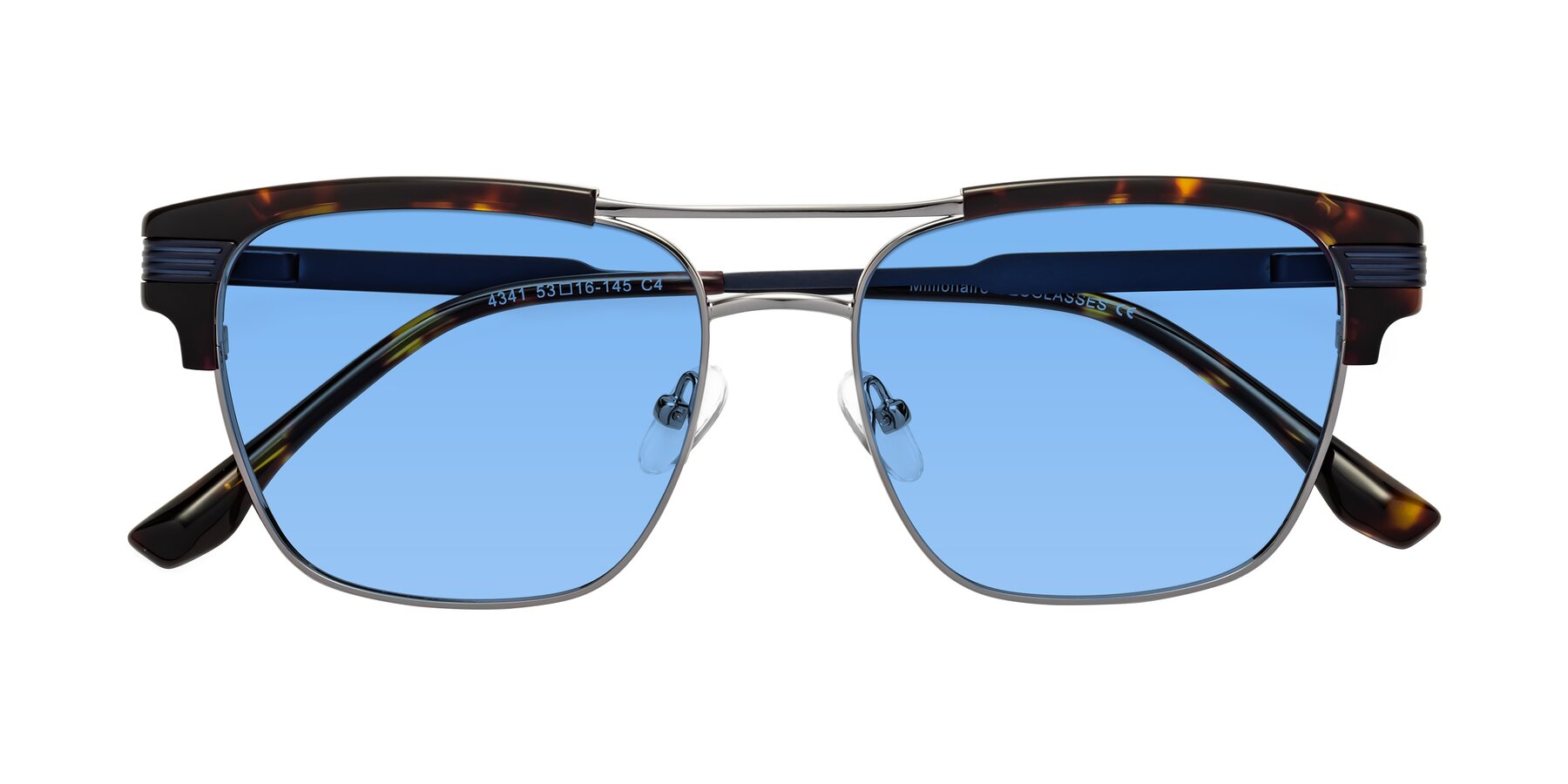 Folded Front of Millionaire in Tortoise-Gunmetal with Medium Blue Tinted Lenses