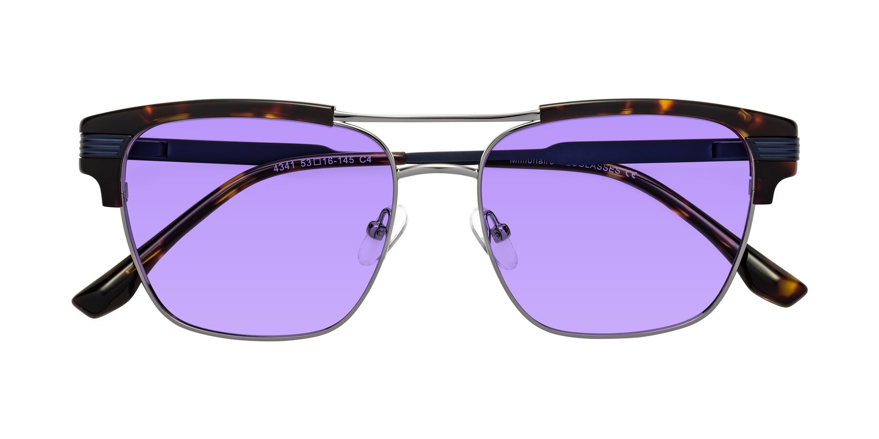 Folded Front of Millionaire in Tortoise-Gunmetal with Medium Purple Tinted Lenses