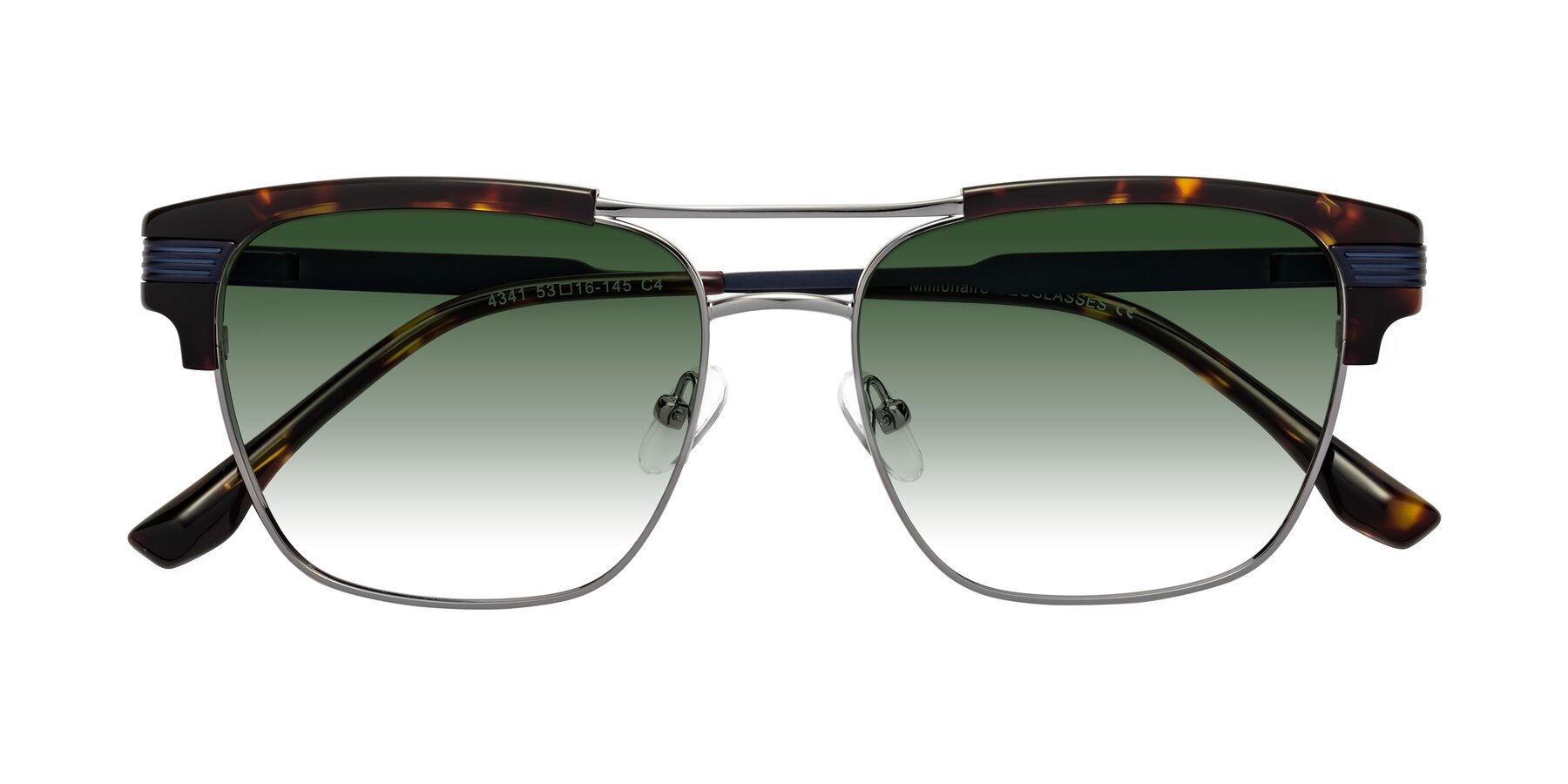 Blue-Gunmetal Browline Double Bridge Hipster Mirrored Sunglasses with Blue Sunwear Lenses