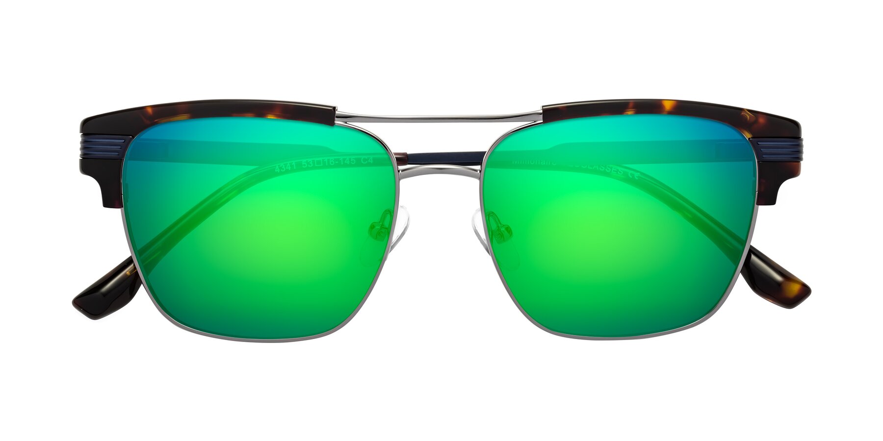 Folded Front of Millionaire in Tortoise-Gunmetal with Green Mirrored Lenses
