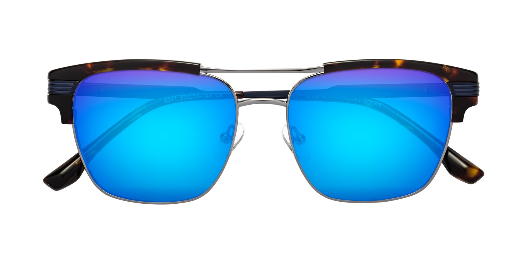 Folded Front of Millionaire in Tortoise-Gunmetal with Blue Mirrored Lenses