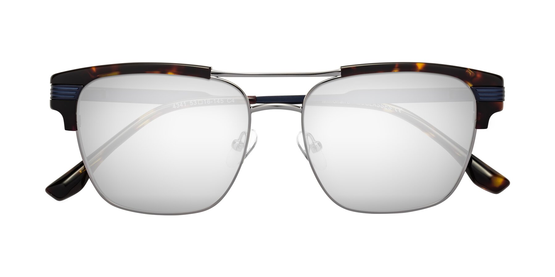 Folded Front of Millionaire in Tortoise-Gunmetal with Silver Mirrored Lenses