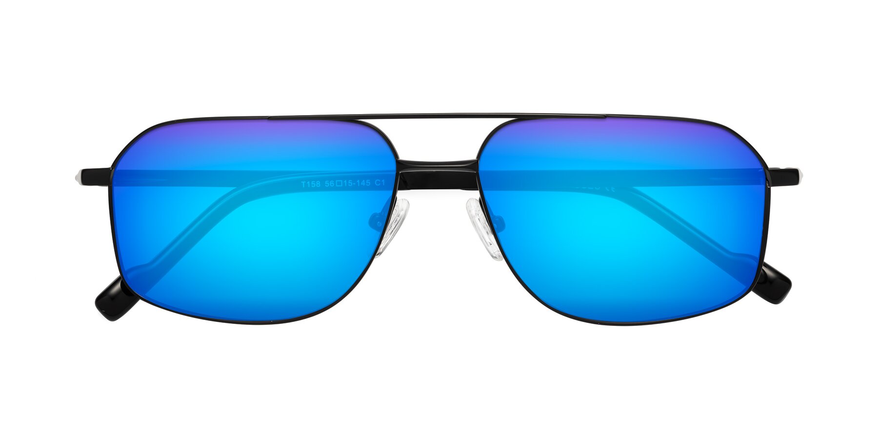 Folded Front of Perine in Black with Blue Mirrored Lenses