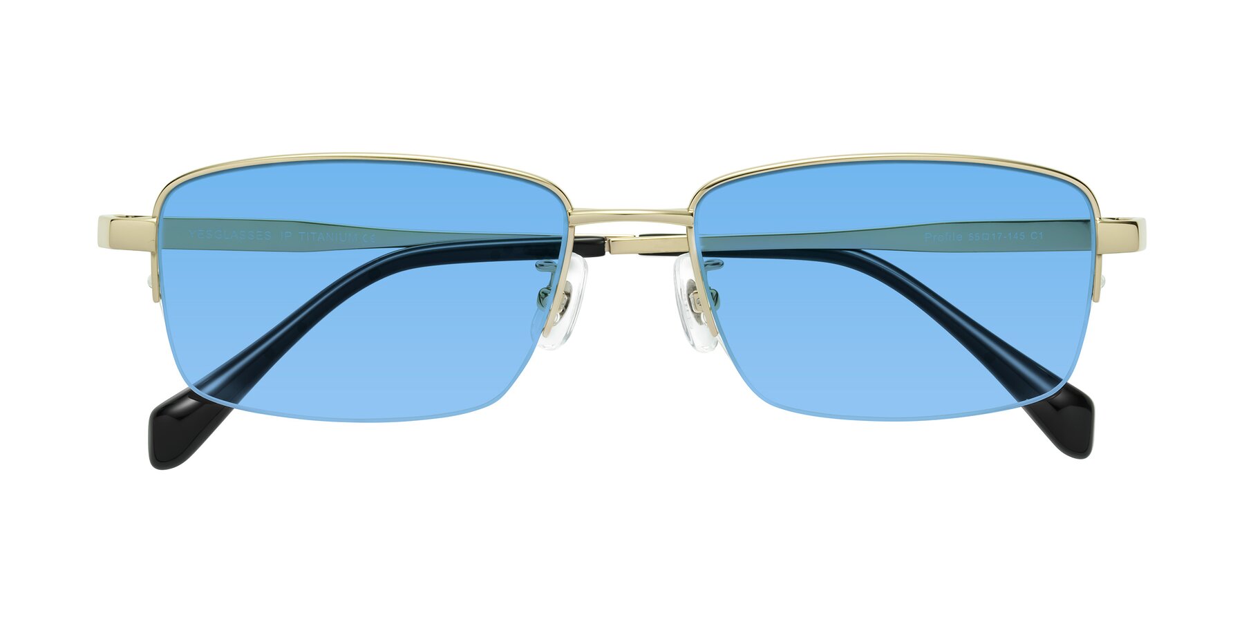 Folded Front of Profile in Gold with Medium Blue Tinted Lenses