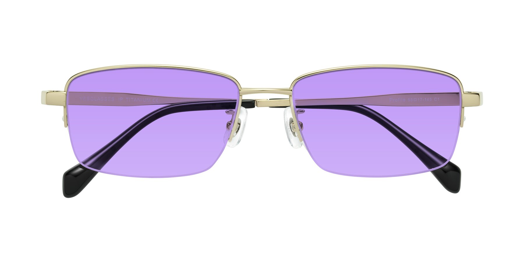 Folded Front of Profile in Gold with Medium Purple Tinted Lenses