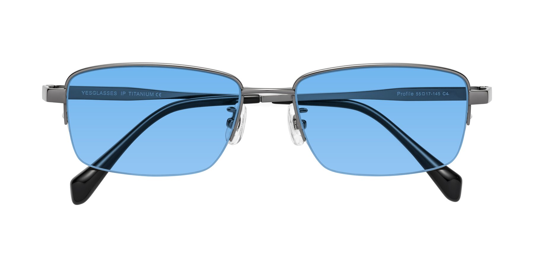 Folded Front of Profile in Gunmetal with Medium Blue Tinted Lenses