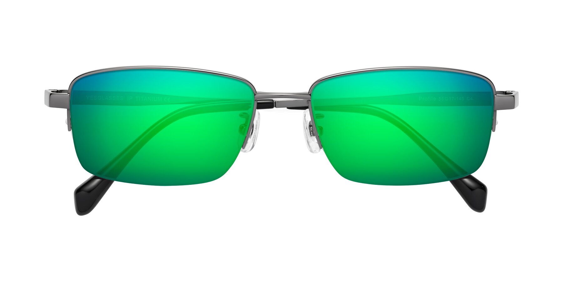 Folded Front of Profile in Gunmetal with Green Mirrored Lenses