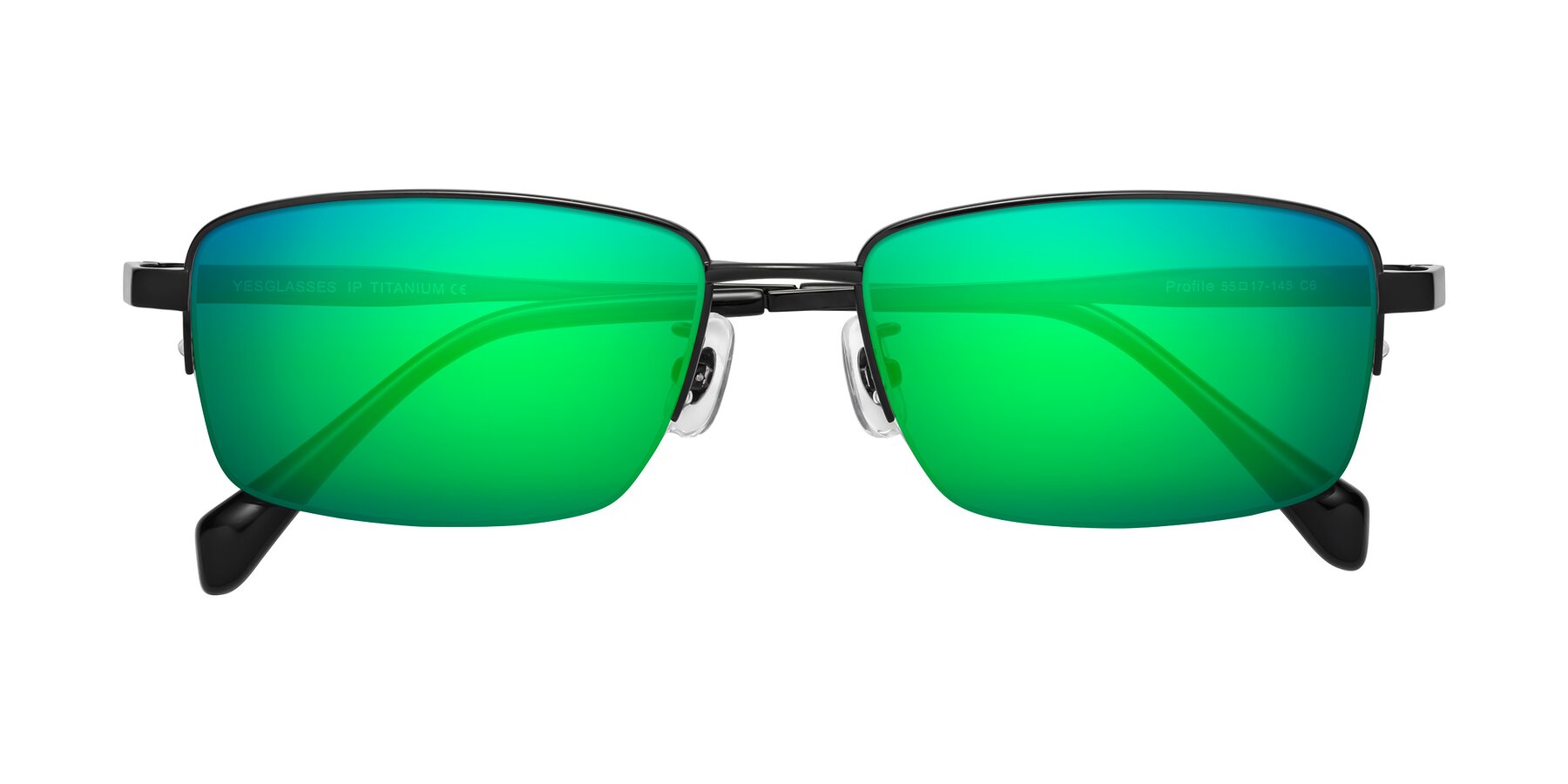 Folded Front of Profile in Black with Green Mirrored Lenses