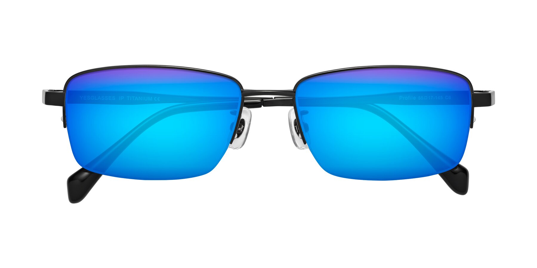 Folded Front of Profile in Black with Blue Mirrored Lenses