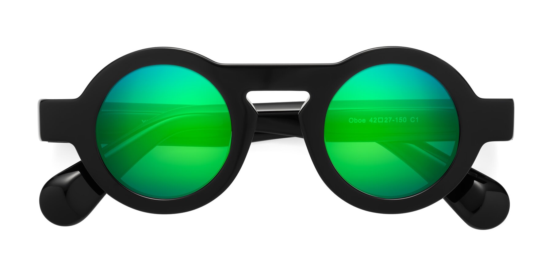 Folded Front of Oboe in Black with Green Mirrored Lenses