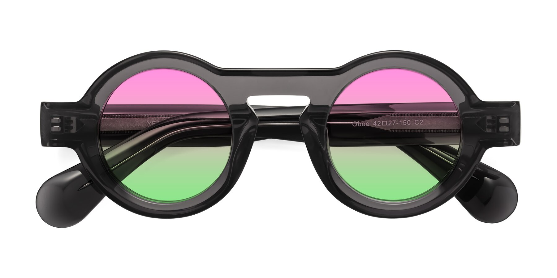 Folded Front of Oboe in Translucent Gray with Pink / Green Gradient Lenses