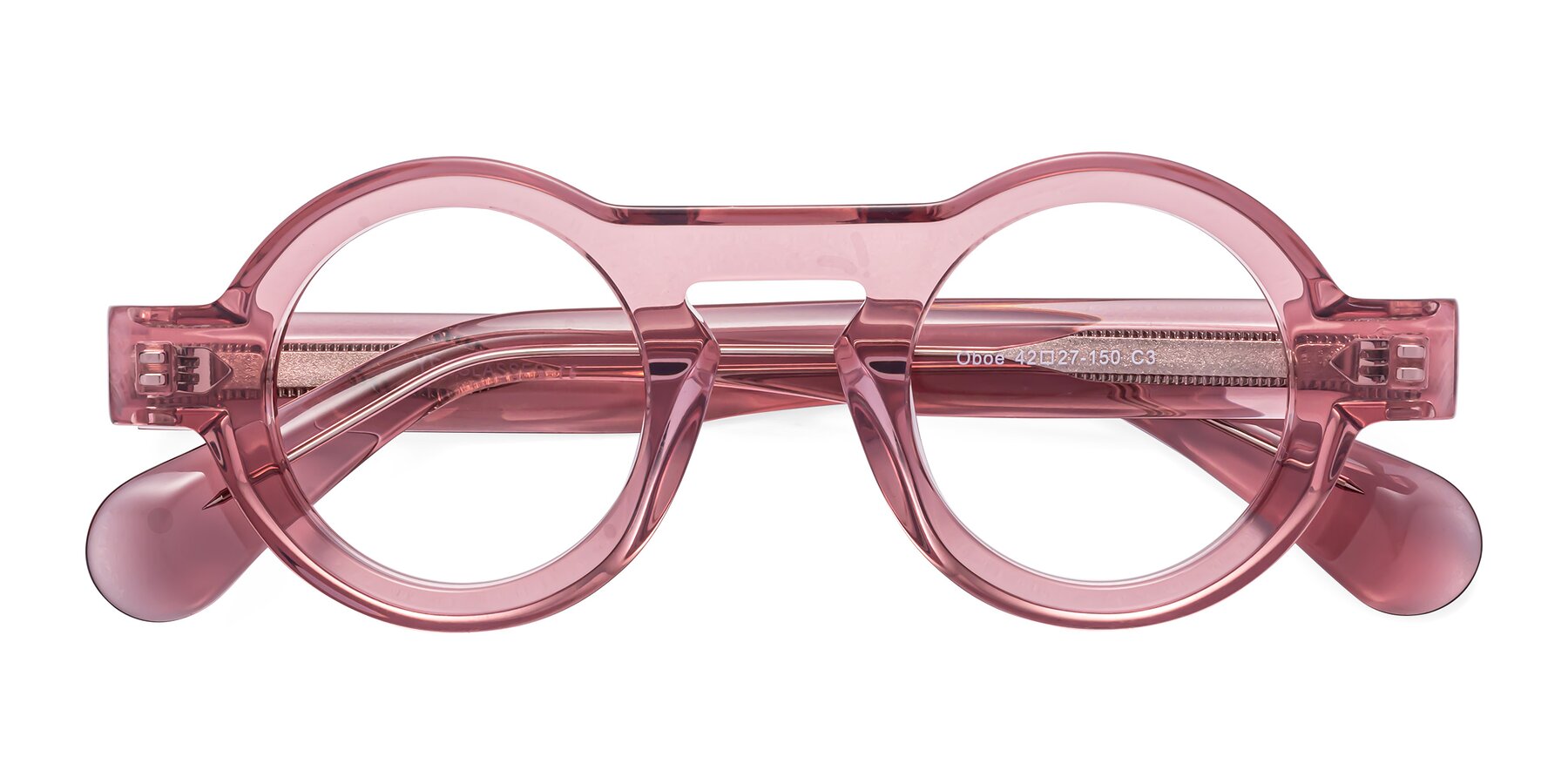 Folded Front of Oboe in Translucent Pink with Clear Reading Eyeglass Lenses