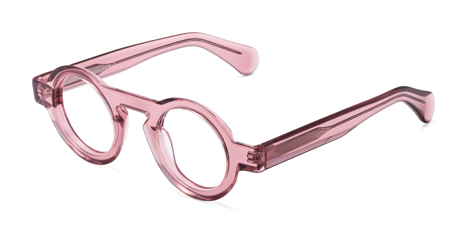 Angle of Oboe in Translucent Pink with Clear Reading Eyeglass Lenses