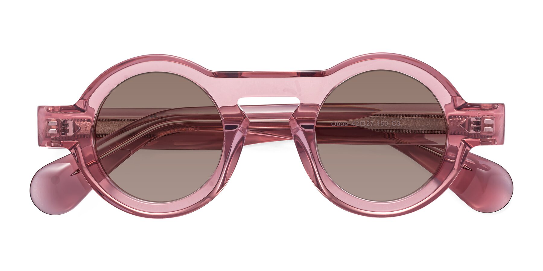 Folded Front of Oboe in Translucent Pink with Medium Brown Tinted Lenses