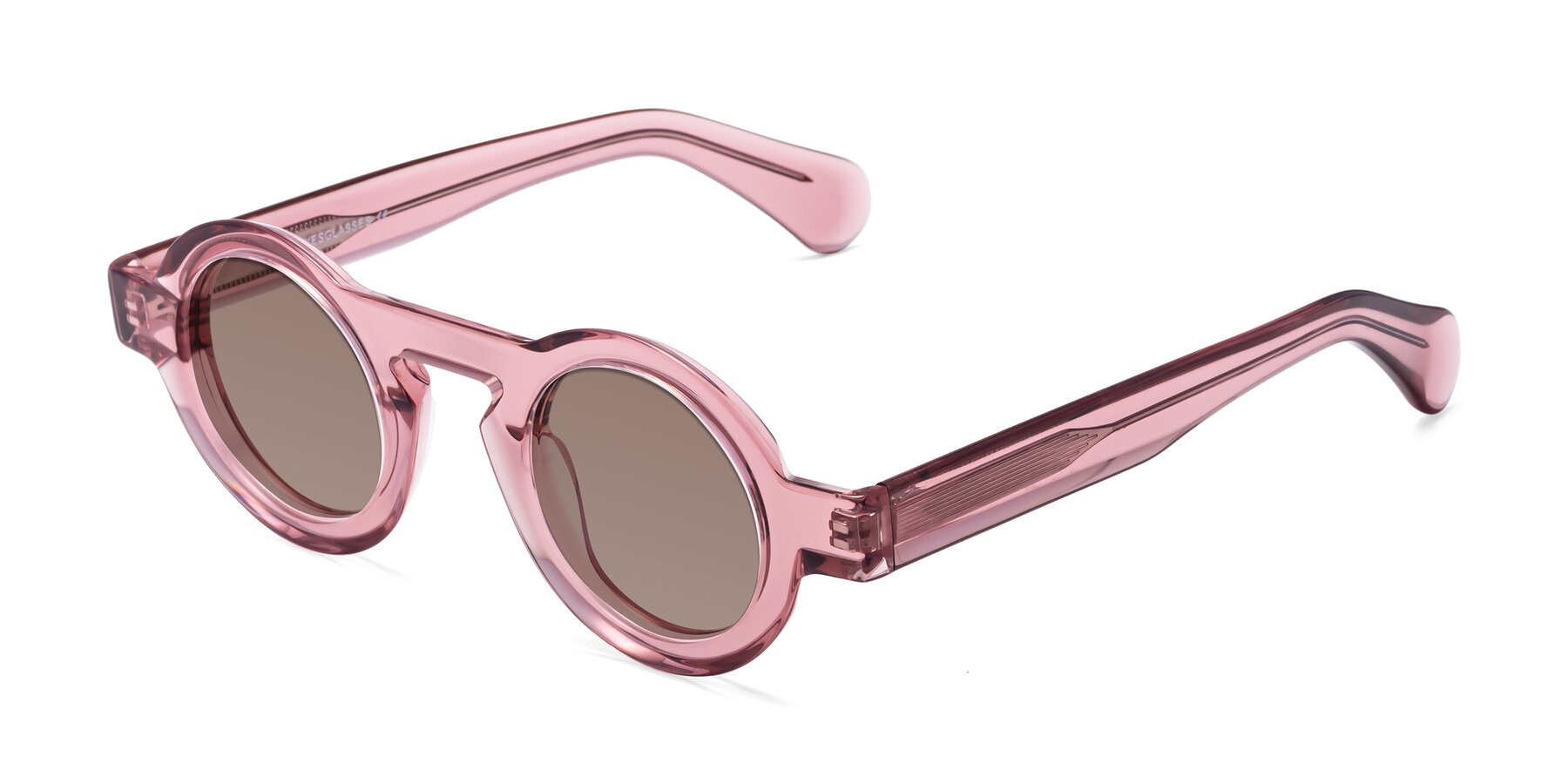 Angle of Oboe in Translucent Pink with Medium Brown Tinted Lenses
