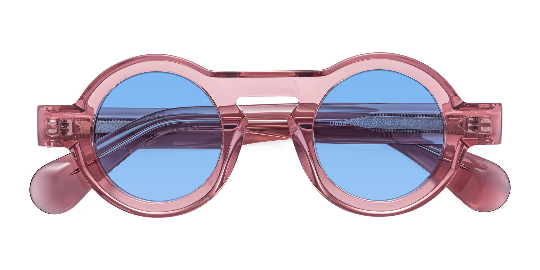 Folded Front of Oboe in Translucent Pink with Medium Blue Tinted Lenses