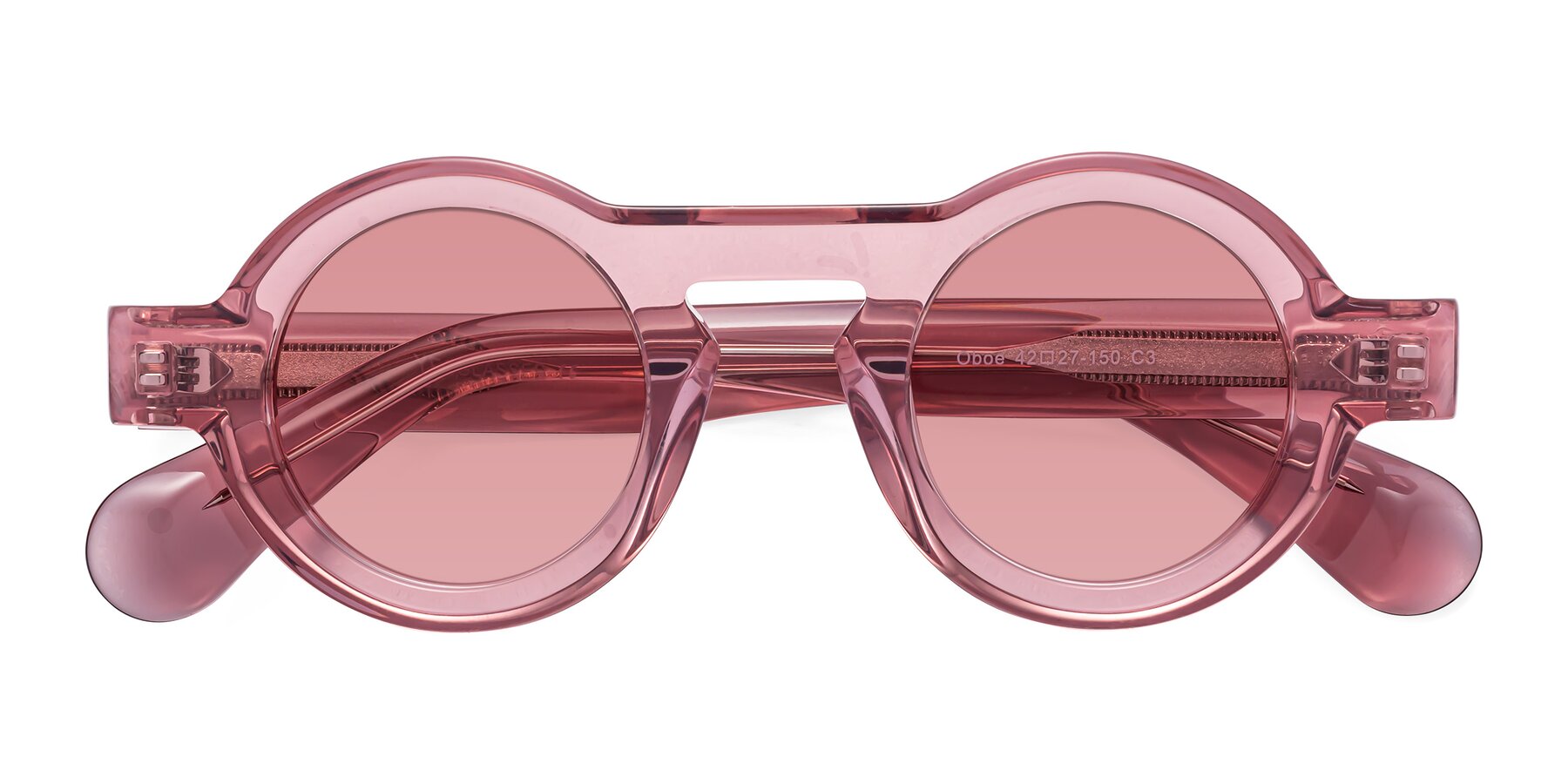 Folded Front of Oboe in Translucent Pink with Medium Garnet Tinted Lenses