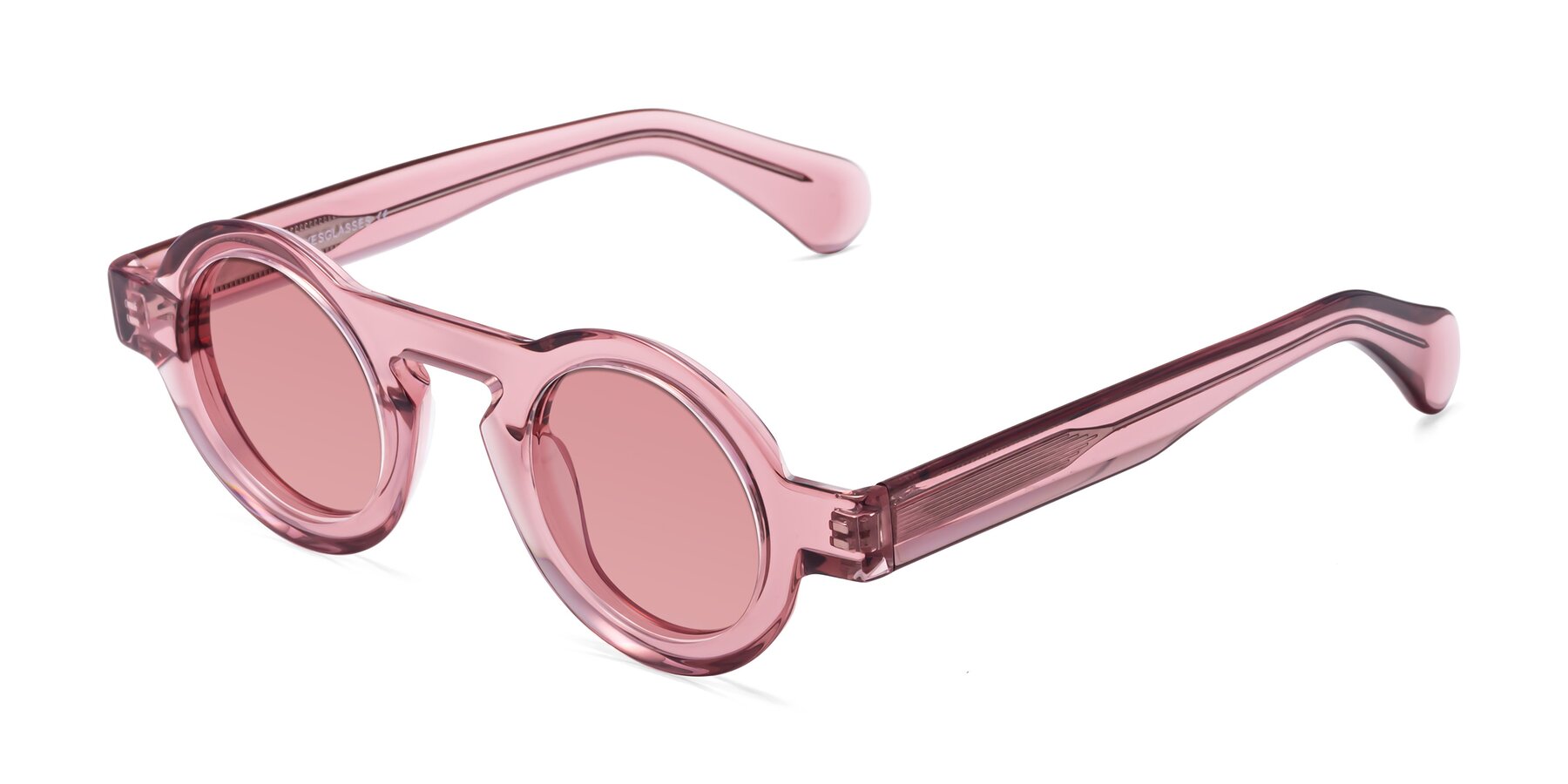 Angle of Oboe in Translucent Pink with Medium Garnet Tinted Lenses