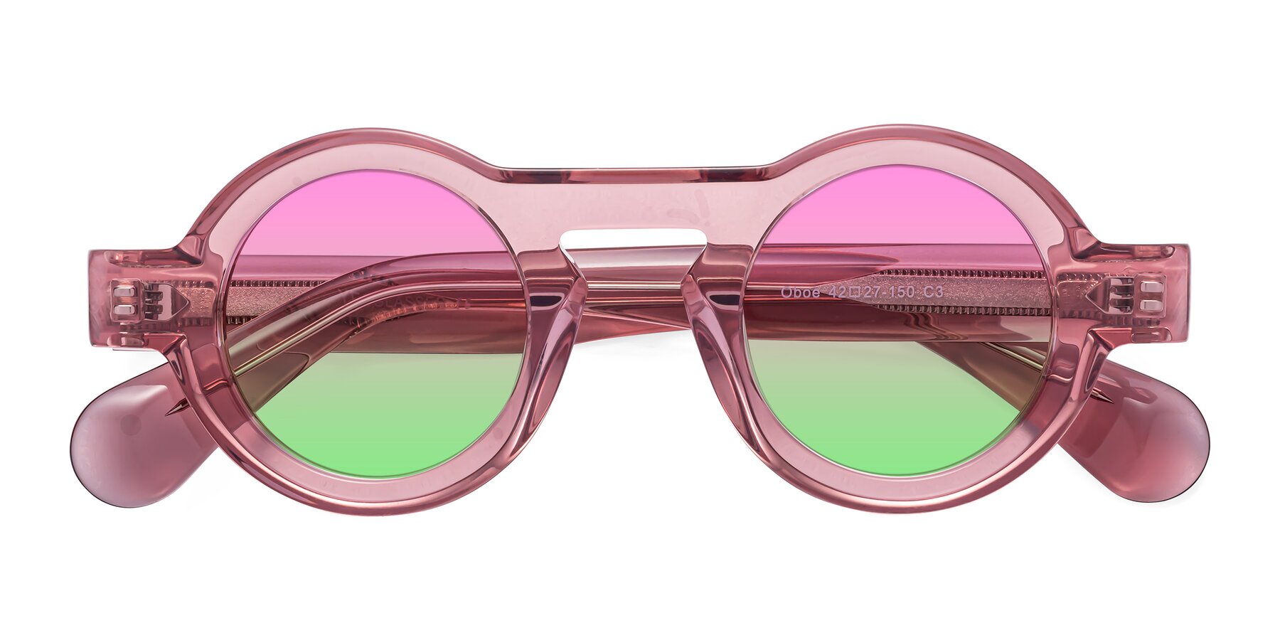 Folded Front of Oboe in Translucent Pink with Pink / Green Gradient Lenses