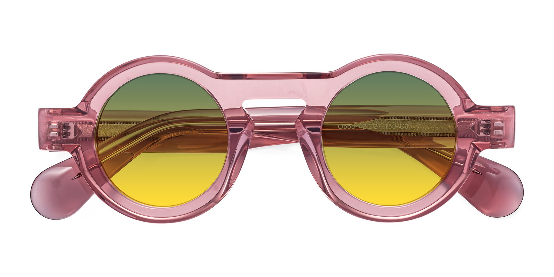 Folded Front of Oboe in Translucent Pink with Green / Yellow Gradient Lenses