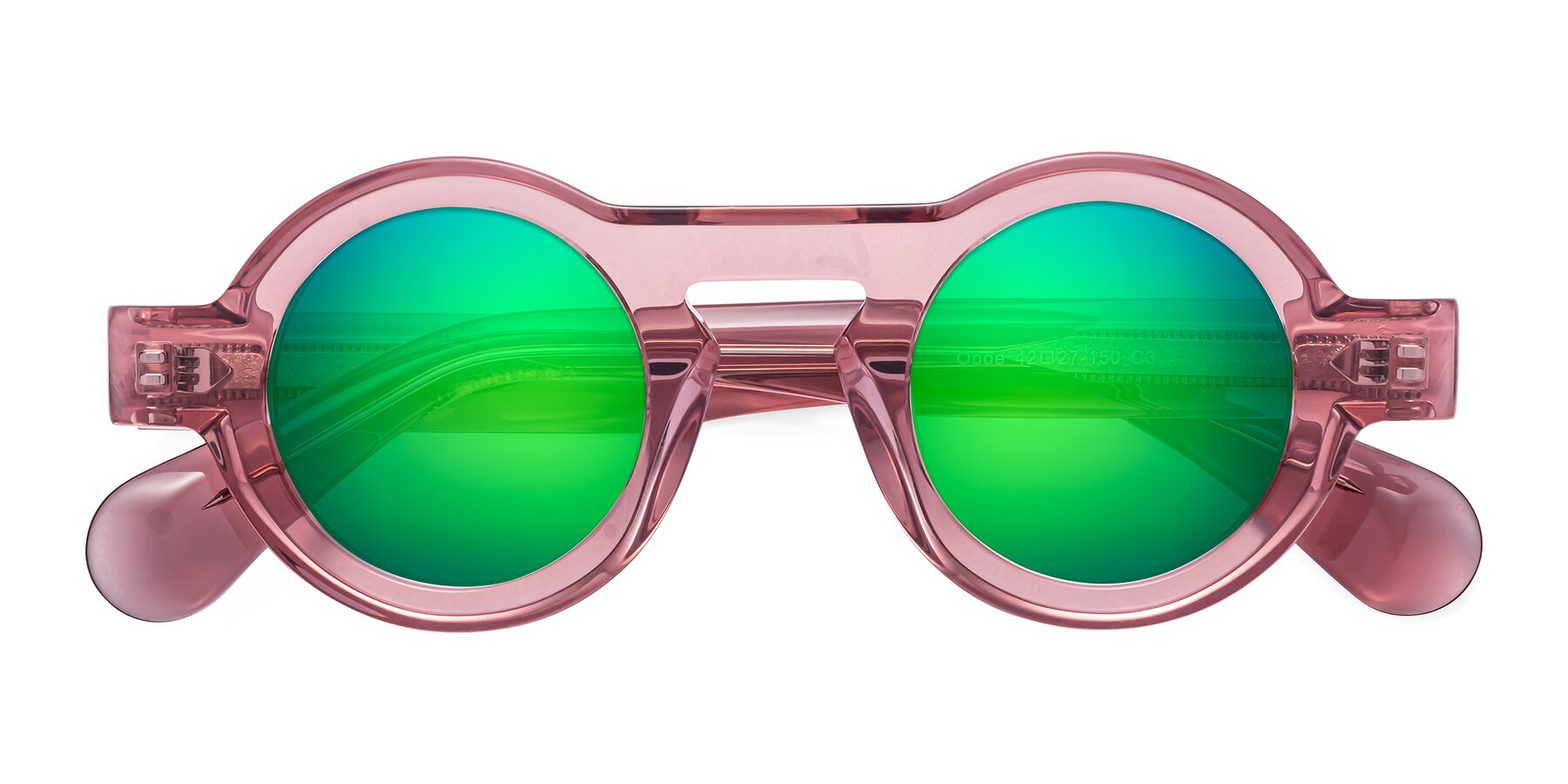 Folded Front of Oboe in Translucent Pink with Green Mirrored Lenses