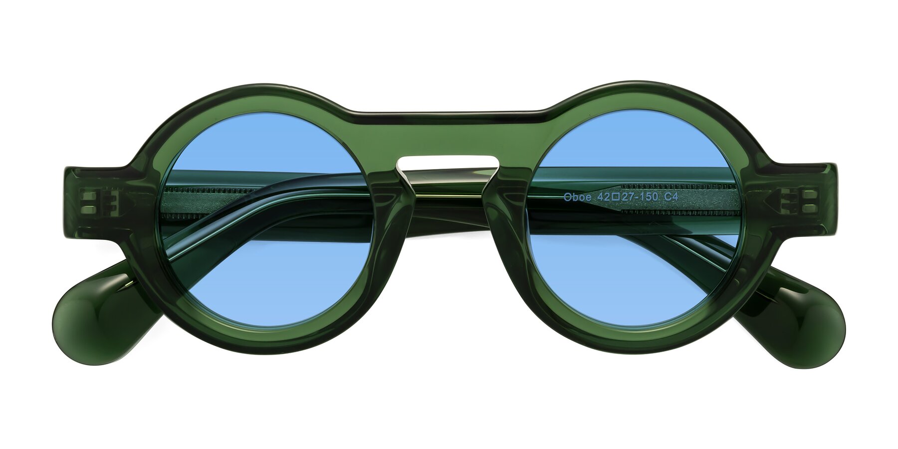 Folded Front of Oboe in Jade Green with Medium Blue Tinted Lenses