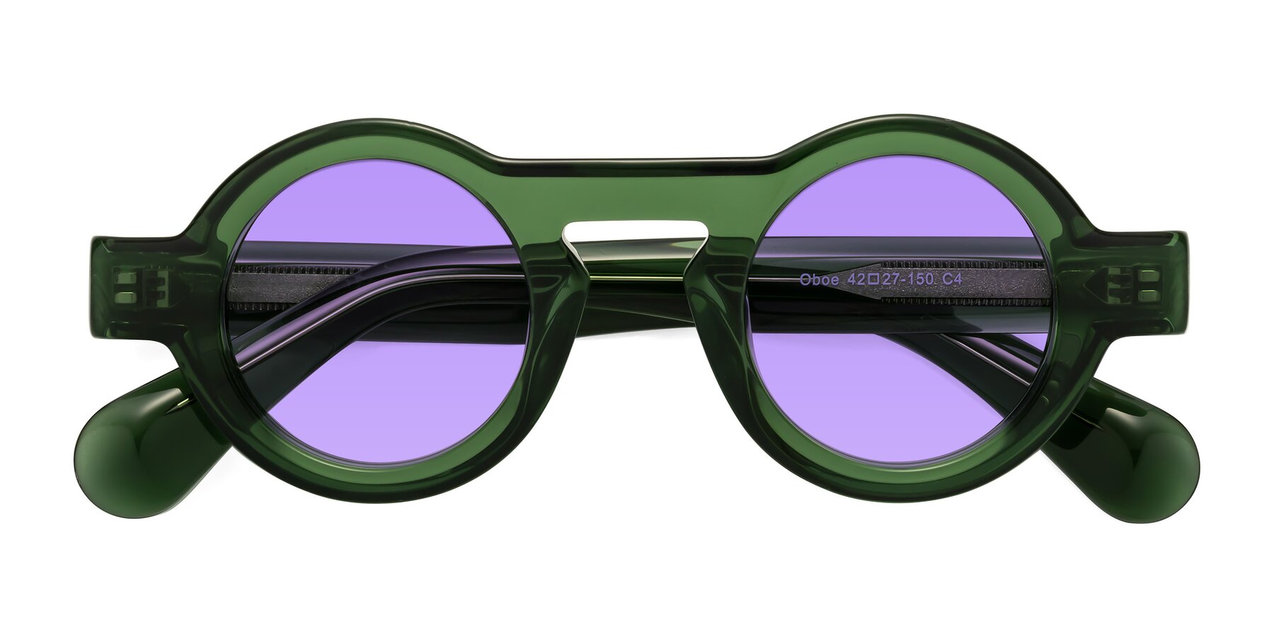 Folded Front of Oboe in Jade Green with Medium Purple Tinted Lenses