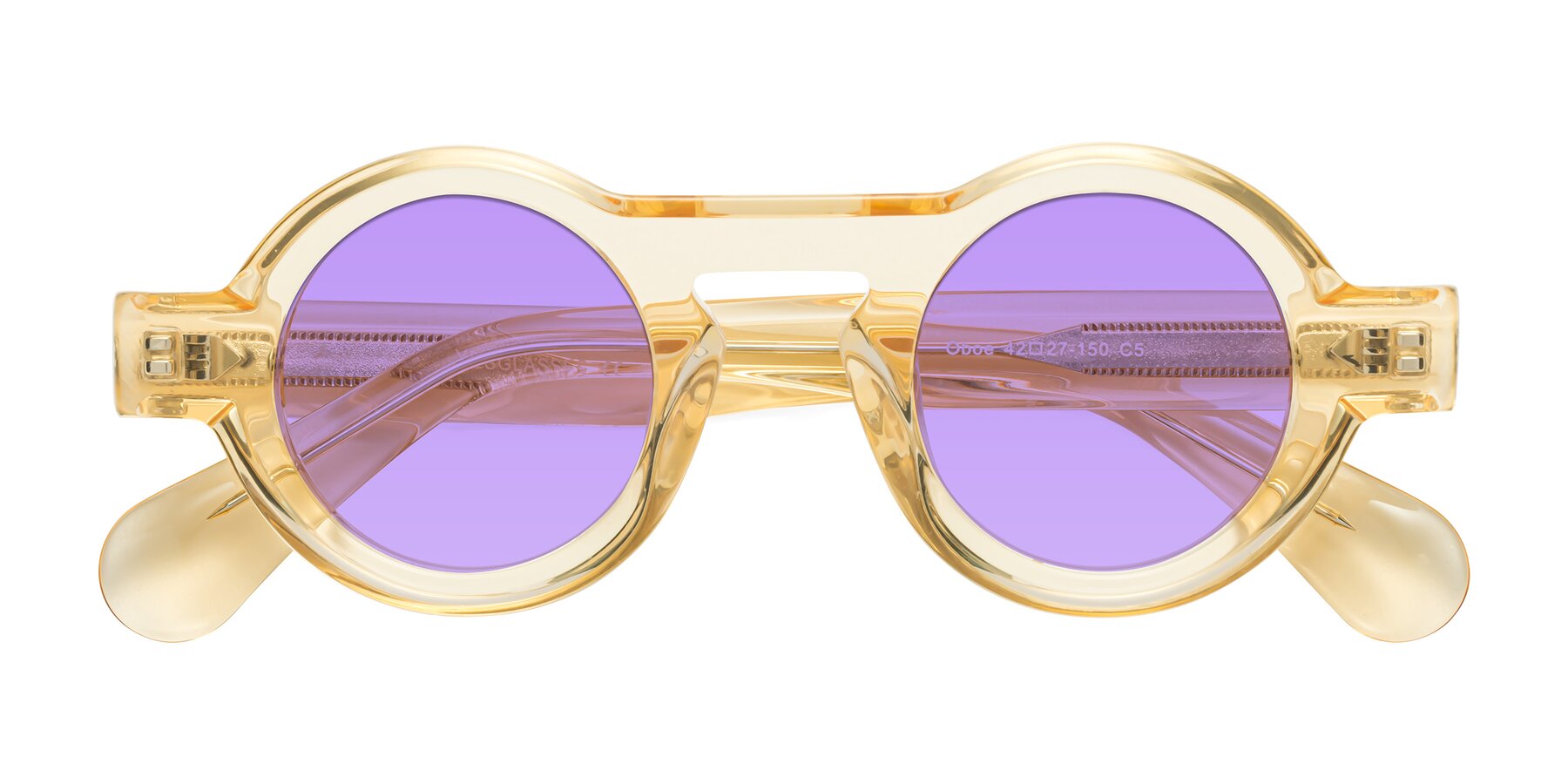 Folded Front of Oboe in Champagne with Medium Purple Tinted Lenses