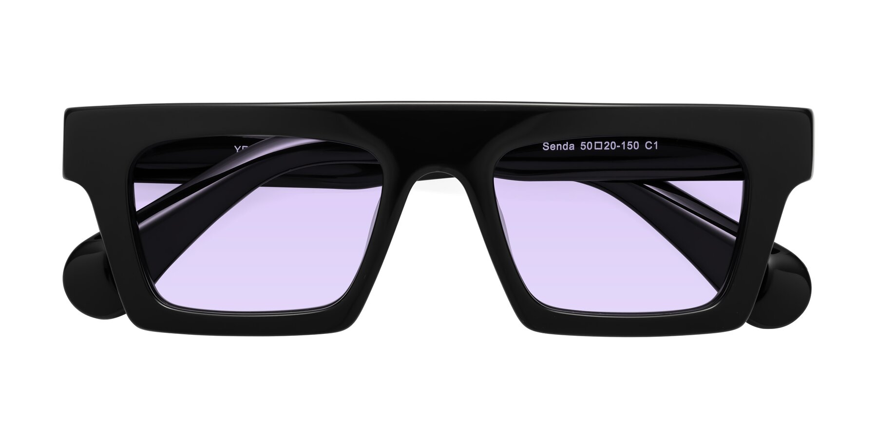 Folded Front of Senda in Black with Light Purple Tinted Lenses