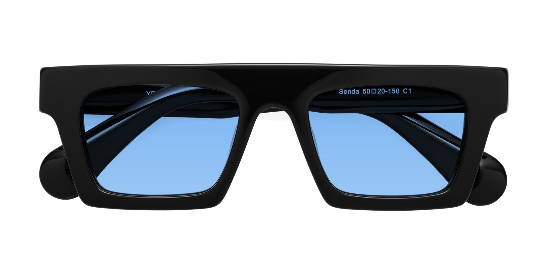 Folded Front of Senda in Black with Medium Blue Tinted Lenses