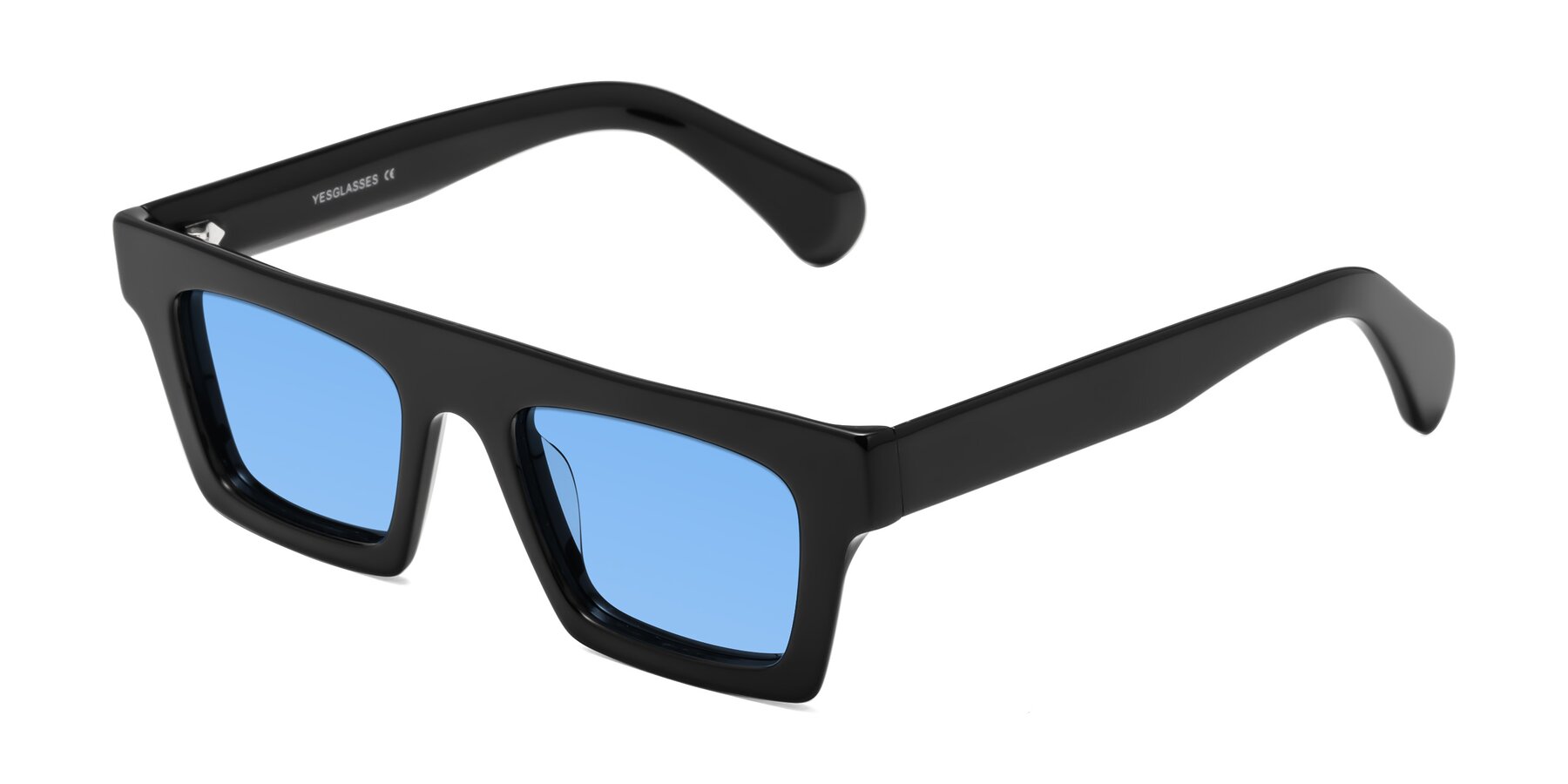 Angle of Senda in Black with Medium Blue Tinted Lenses