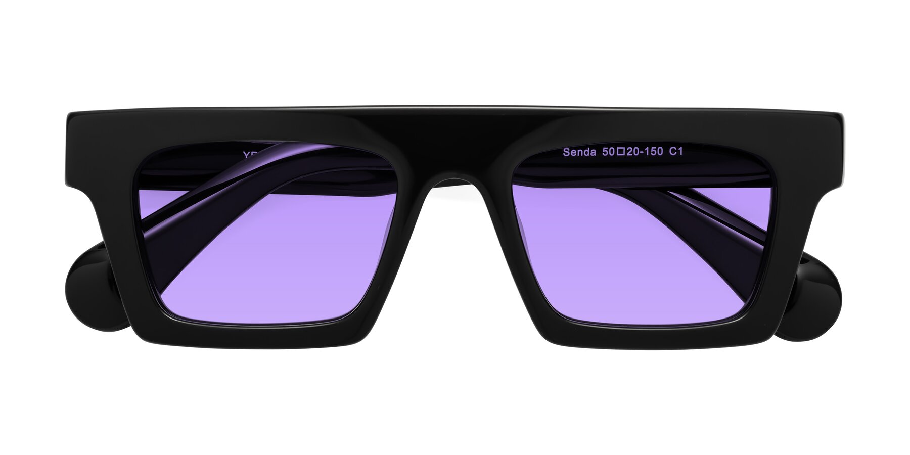 Folded Front of Senda in Black with Medium Purple Tinted Lenses