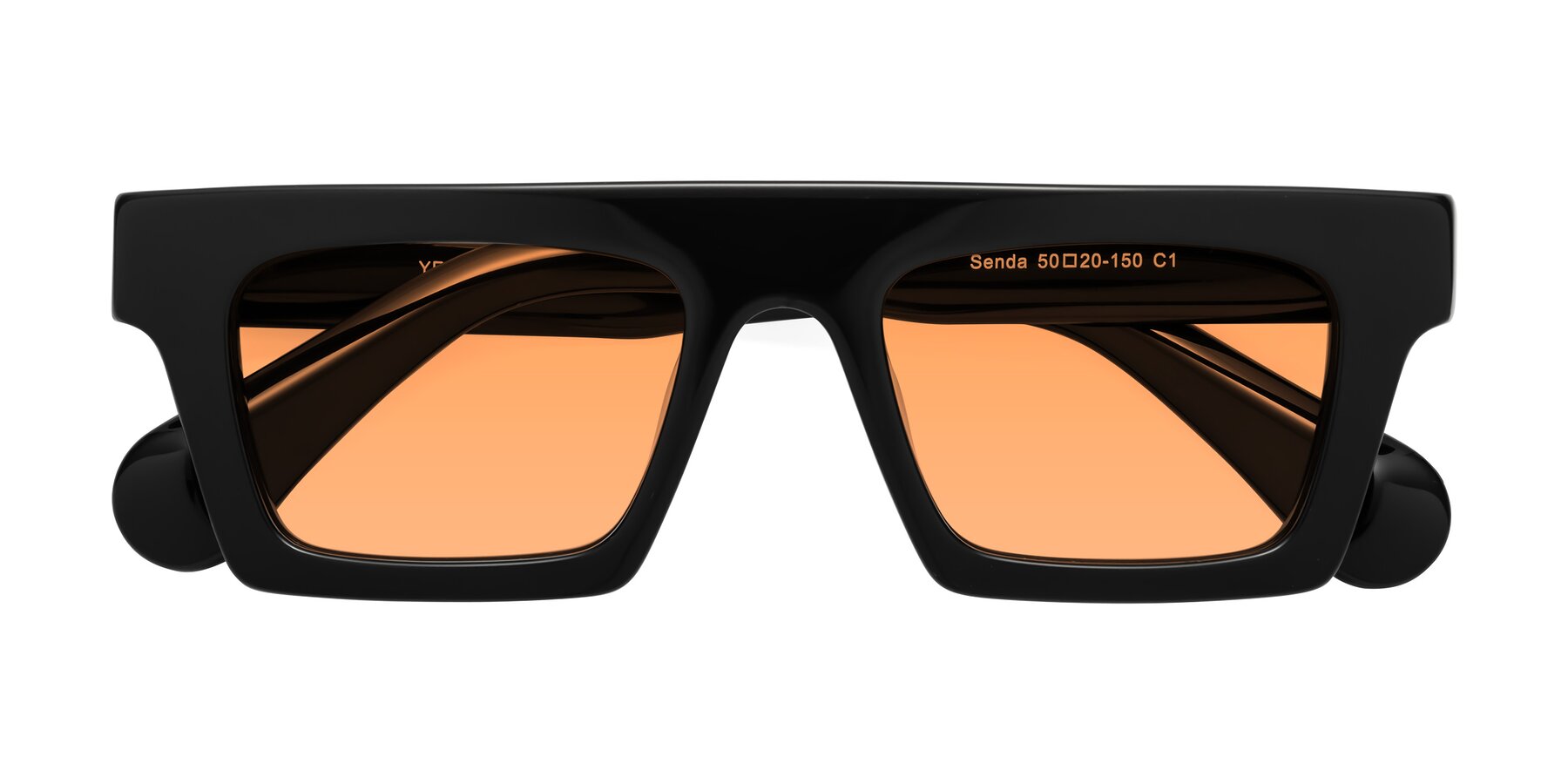 Folded Front of Senda in Black with Medium Orange Tinted Lenses