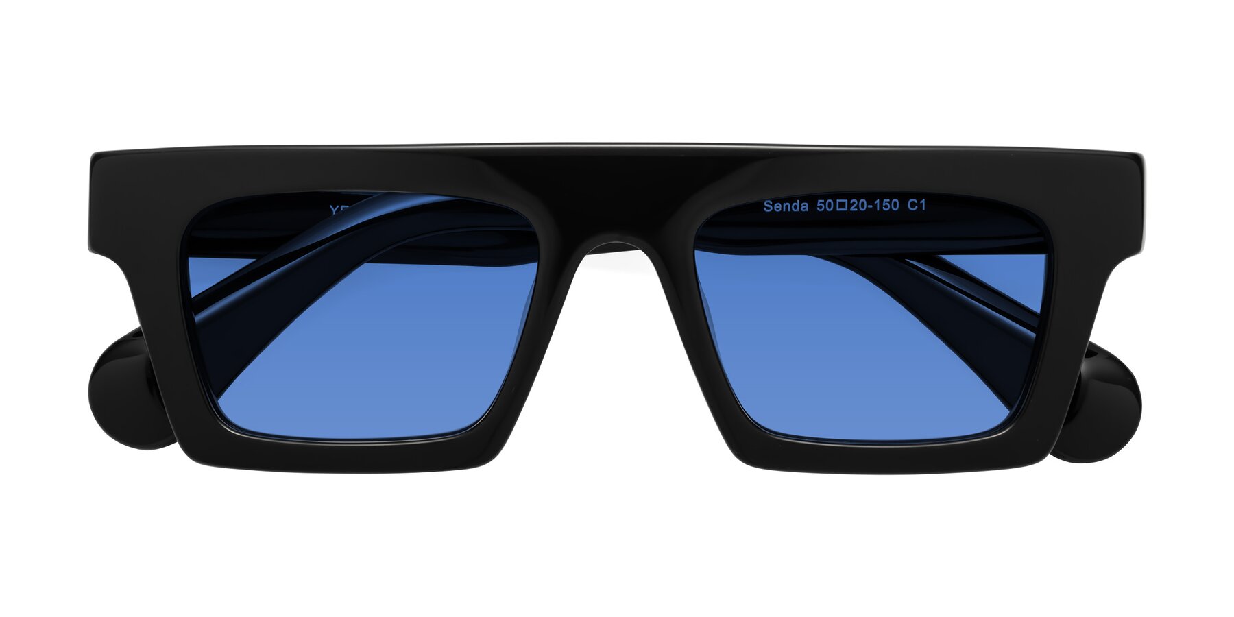 Folded Front of Senda in Black with Blue Tinted Lenses