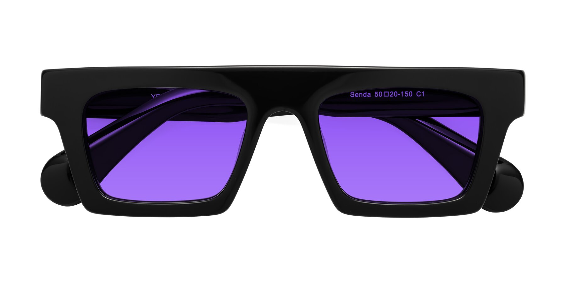 Folded Front of Senda in Black with Purple Tinted Lenses