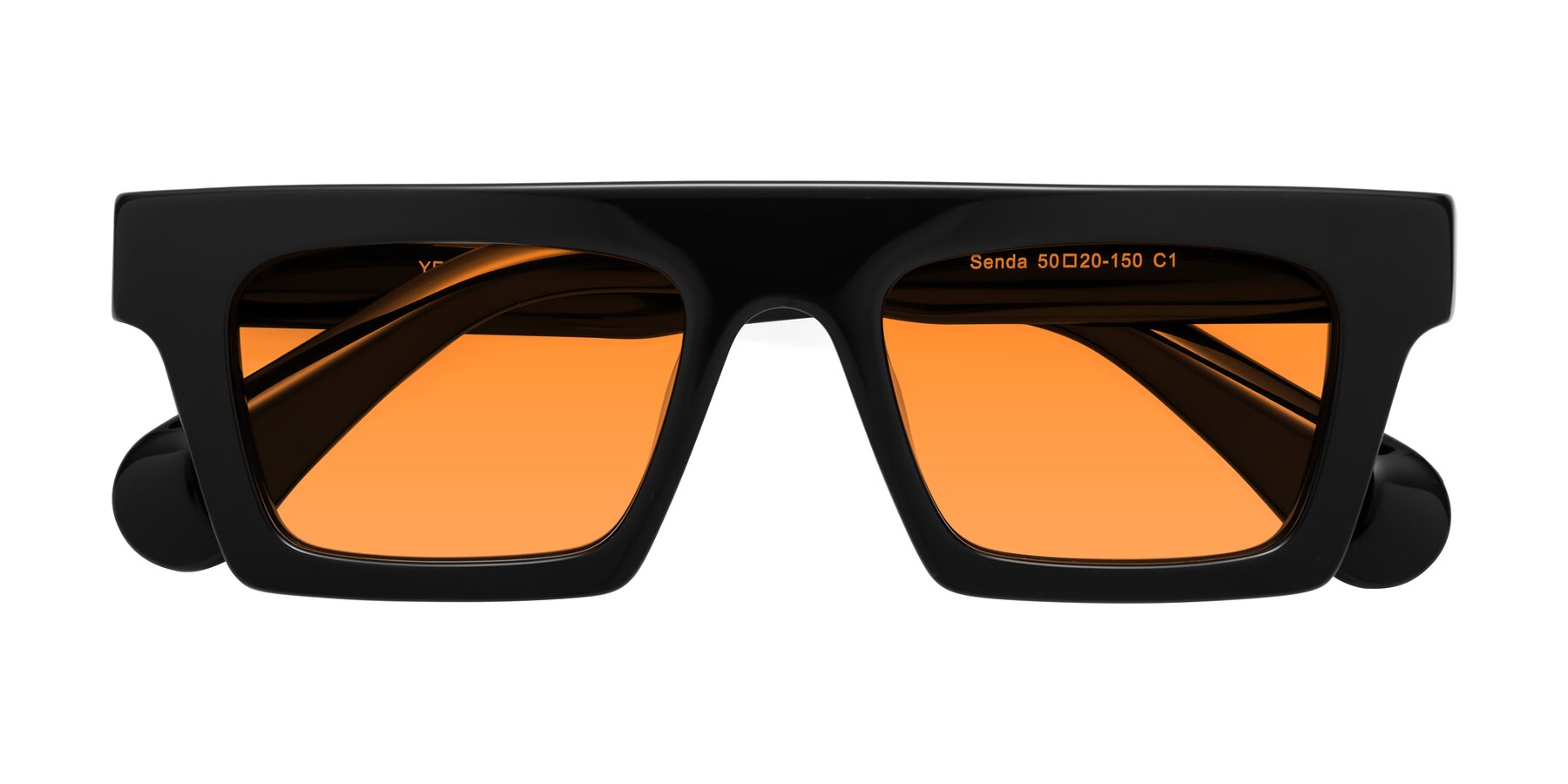 Folded Front of Senda in Black with Orange Tinted Lenses