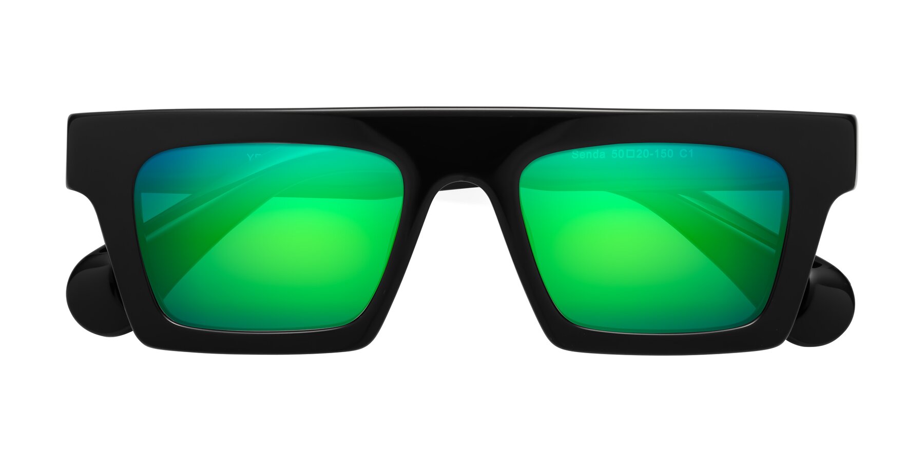 Folded Front of Senda in Black with Green Mirrored Lenses