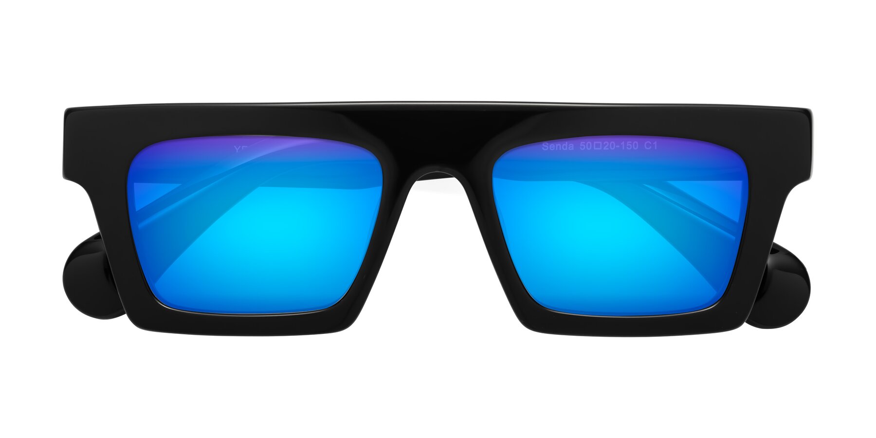 Folded Front of Senda in Black with Blue Mirrored Lenses