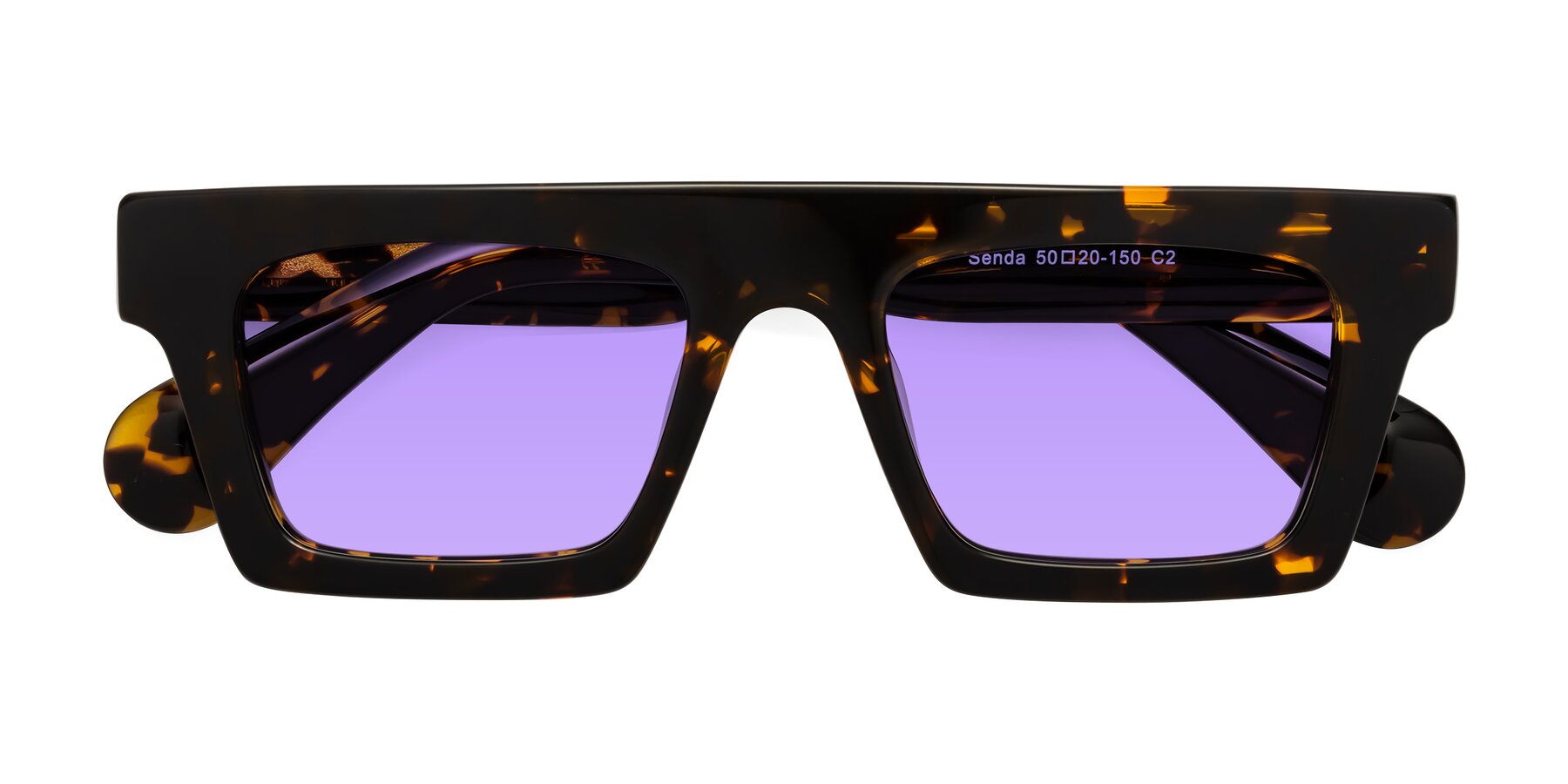 Folded Front of Senda in Tortoise with Medium Purple Tinted Lenses