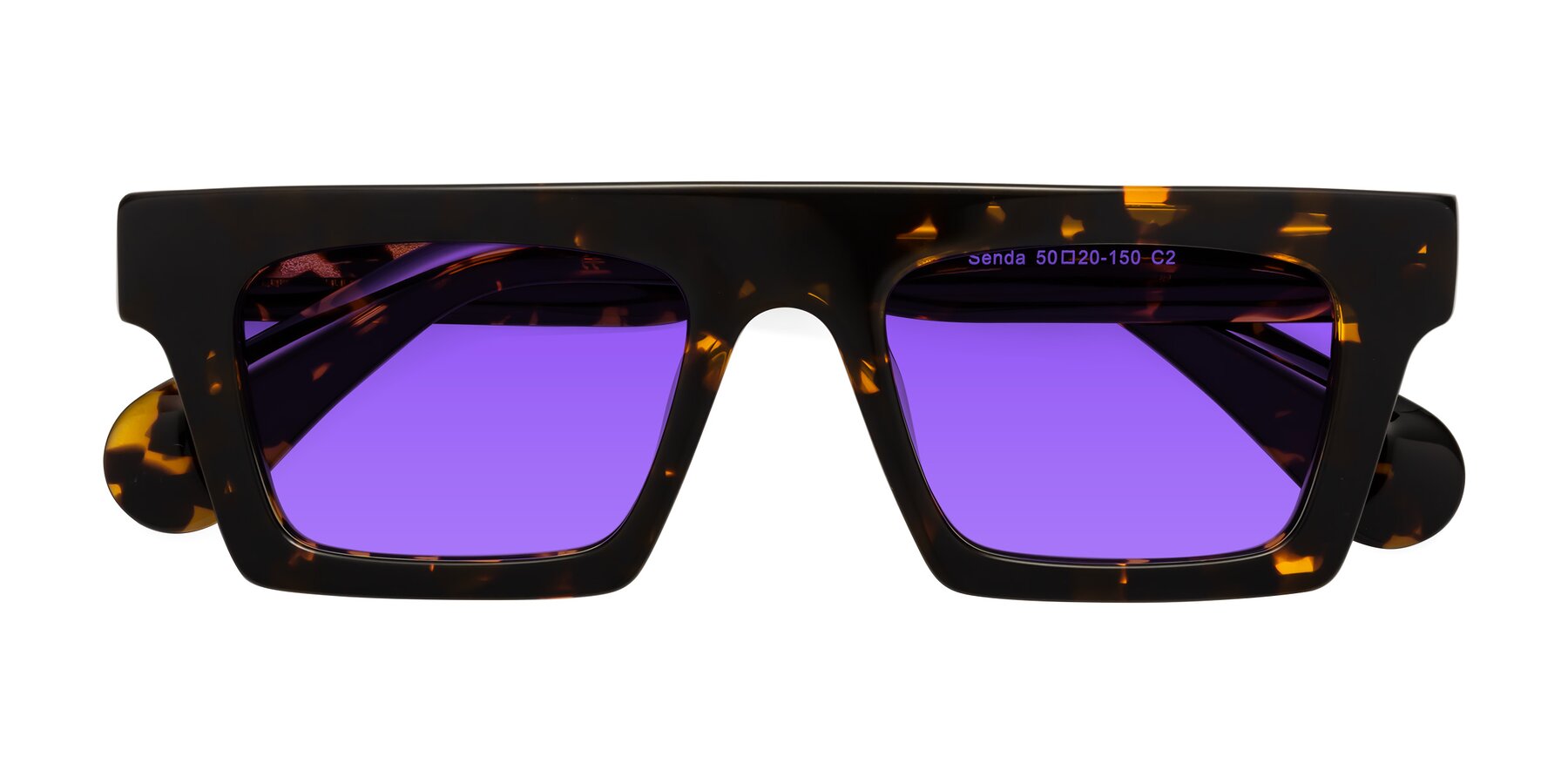 Folded Front of Senda in Tortoise with Purple Tinted Lenses