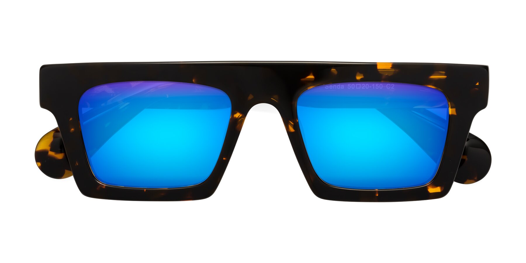 Folded Front of Senda in Tortoise with Blue Mirrored Lenses