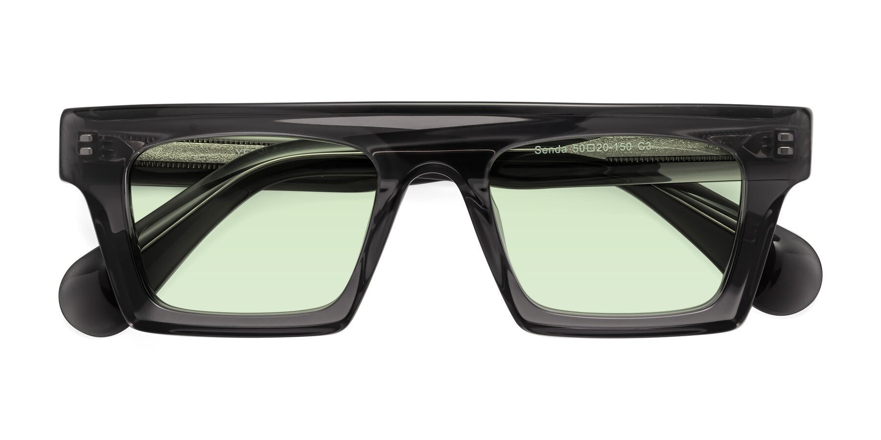 Folded Front of Senda in Translucent Gray with Light Green Tinted Lenses